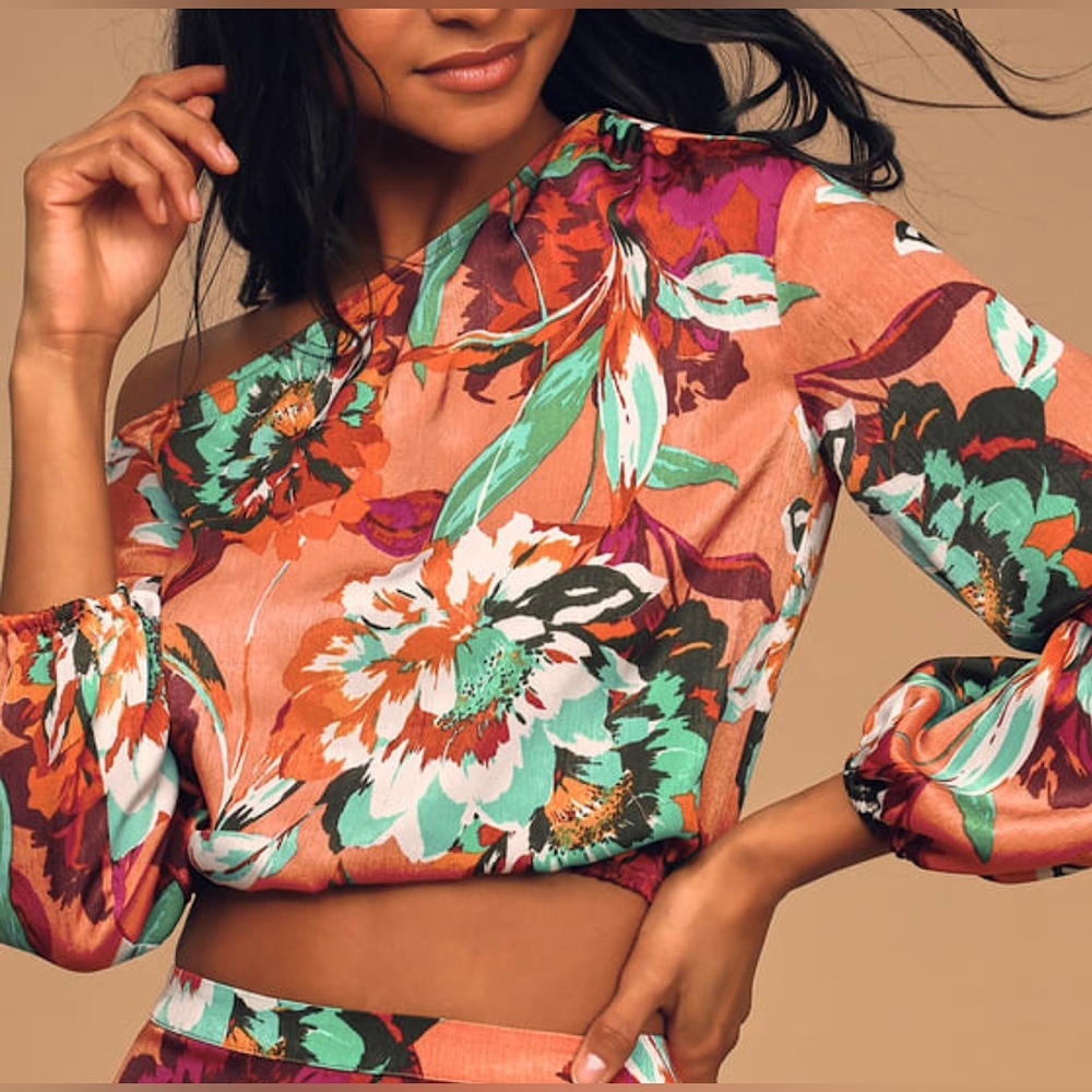 Satin off the shoulder, floral top.